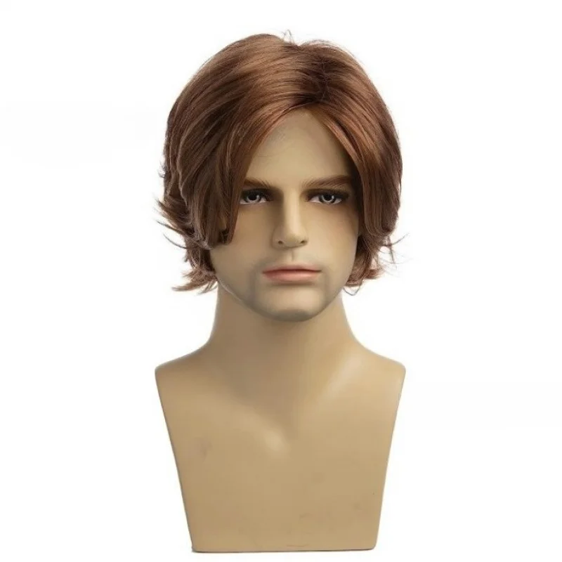

Men's Wig Golden Brown Synthetic Wig Mid-Length Men's Curly Hair Wigs+Wig Cap