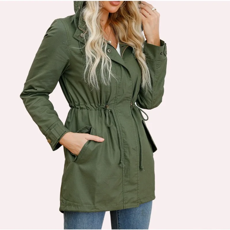 

2022 New Cotton Hooded Trench Coat Women's Spring and Autumn Coat Large Size Loose Solid Color Clothing Women's Clothing
