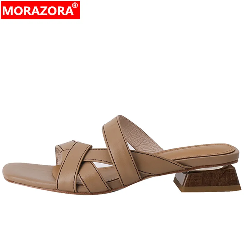 MORAZORA 2024 New Arrive Rome Genuine Leather Sandals Women Slip On Square Med Heels Shoes Summer Ladies Dress Shoes