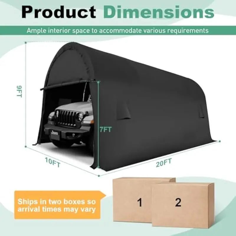 Heavy-duty 10x20 ft portable outdoor shelter with galvanized steel frame, reinforced fabric canopy, dual-zipper roll-up doors, f