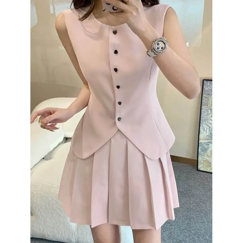 Two Piece Sets Women Outfits Casual Korean Fashion Dress Sets Summer Preppy Style Loose Sleeveless Vest Blazer Pleated Skirts