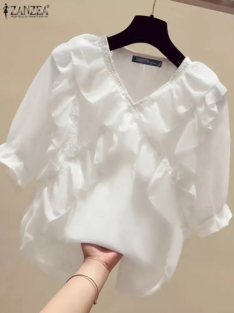 ZANZEA Sweety Ruffle Chiffon Blouse Women Korean Short Lantern Sleeve Tops Elegant V-neck Elastic Strap Tunic 2024 Elegant Shirt