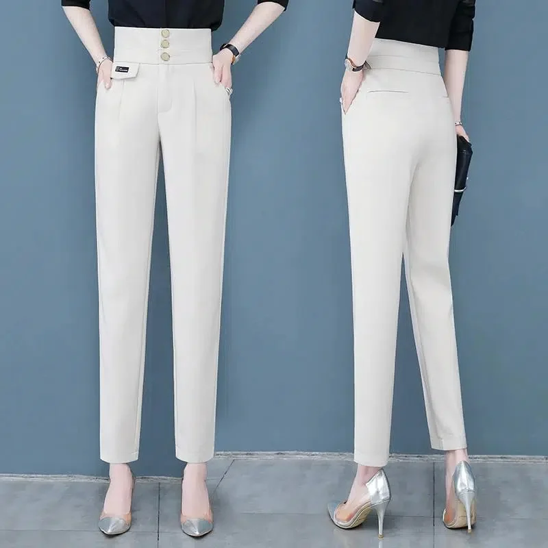 Pantalones de traje Vintage para mujer, novedad de primavera y verano 2021, pantalones bombachos finos de cintura alta, pantalones rectos informales, pantalones para mujer