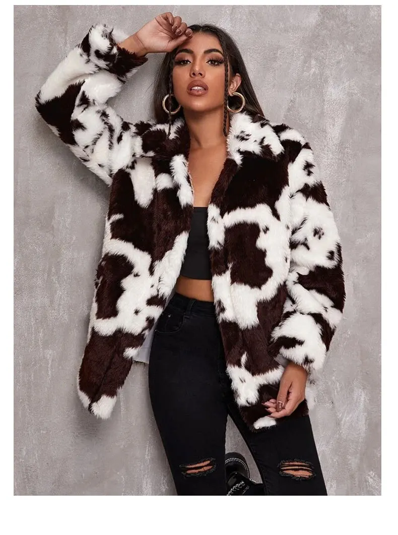 Spring Winter New Fashion Coat Harajuku Cows Printing Loose Full Sleeve Leather Jacket Vintage Flannel Keep Warm Cotton Clothes