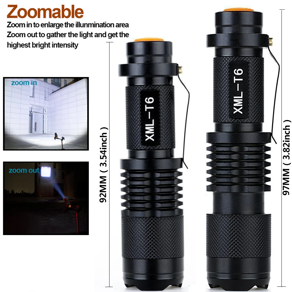 Portable 11WQ5/T6 Aluminum Waterproof 3/5 Modes Zoomable Led Flashlight Torch Tactical light AA 14500 Black