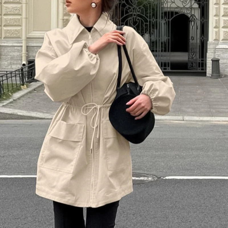 

Autumn and Winter Design Zipper Windbreaker Coat Women's Drawstring Waist Mid Length Long Sleeve Collar Coat