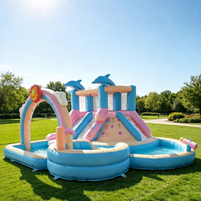 Inflatable Bounce House with Double Slide Water Pool 6x5m Oxford Fabric 500kg Capacity Easy Setup for Backyard Park Use 10