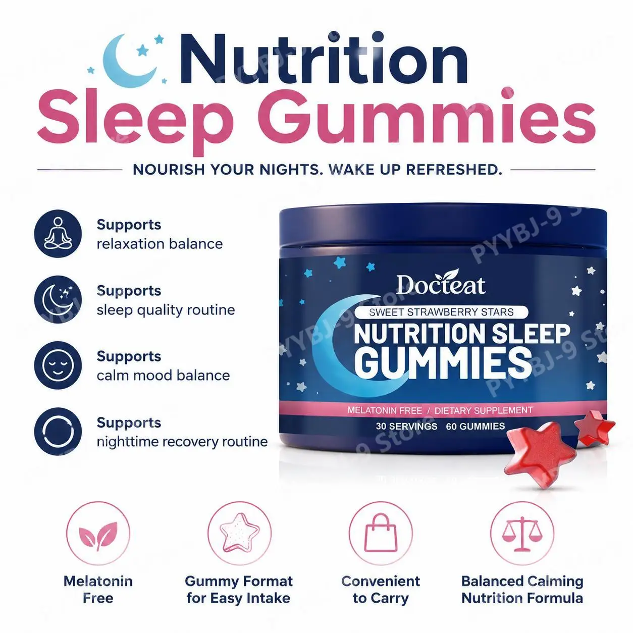 Docteat Valerian Root Extract Sleep Gummies with Magnesium & L-Theanine, Melatonin Free, Supports Relaxation Balance, 60 Gummies