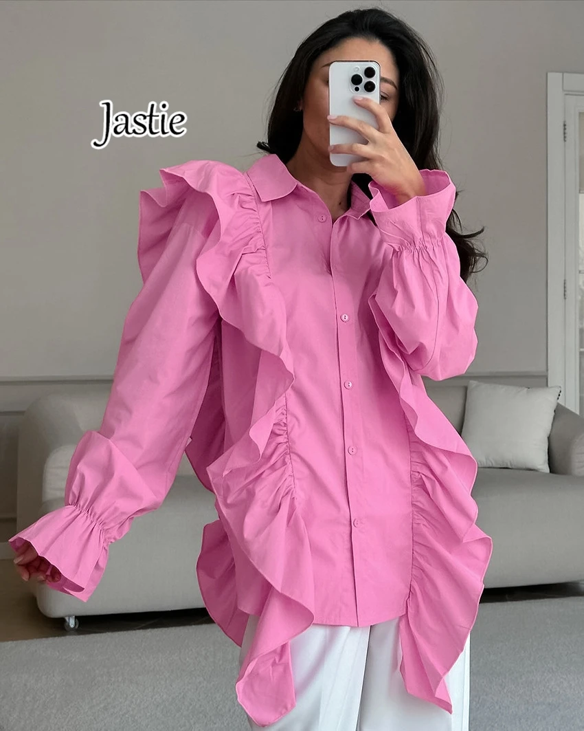 

Jastie 2024 Fashion Pink Cotton Women Shirts Tops Ruffle Elegant Lapel Long Sleeve Blouse Shirt Casual Blusa Top Female Clothing