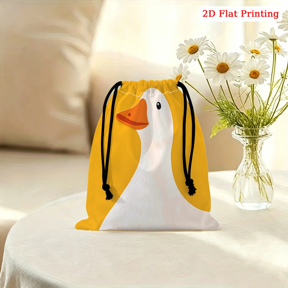 1pc Cartoon Duck Drawstring Bag Yellow And White Goose Print Storage Small Pouch For Glasses Cosmetics Travel Organizer Portable