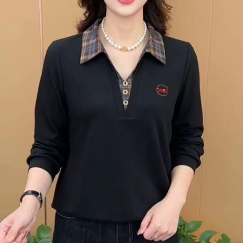 Fall Fashionable Casual Long Sleeve Mock Two-Piece T-Shirt for Middle-Aged And Elderly Slimming Mom Style Polyester Fiber