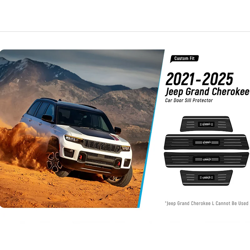 Черная матовая защита порога из нержавеющей стали, совместимая с Jeep Grand Cherokee L 2021-2025, аксессуары, защита порога T Черная матовая защита порога из нержавеющей стали, совместимая с Jeep Grand Cherokee L 2021-2025, аксессуары, защита порога T
