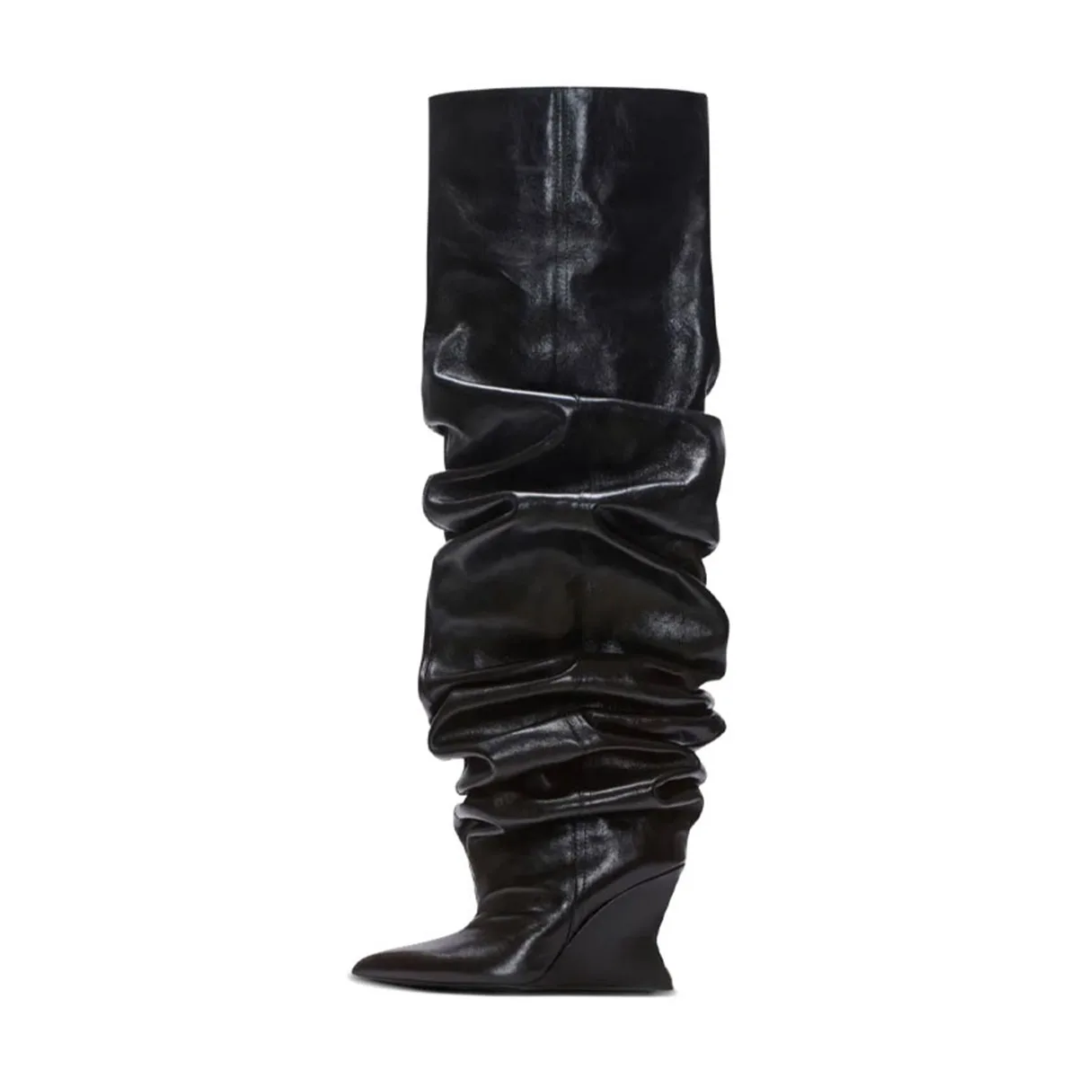 

Arden Furtado Autumn black Wedges Large tubular boots Pointed toe pull-on High-heeled Pleated Over the knee boots