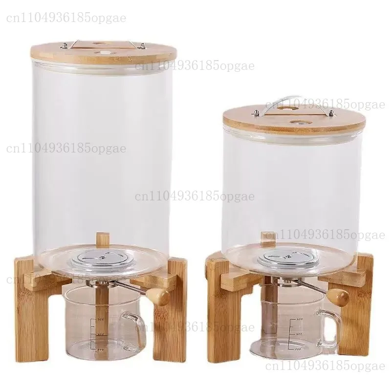 Airtight Rice Dispenser 5L/7.5L with Wood Base Glass Grain Storage Container And Measuring Cup for Kitchen