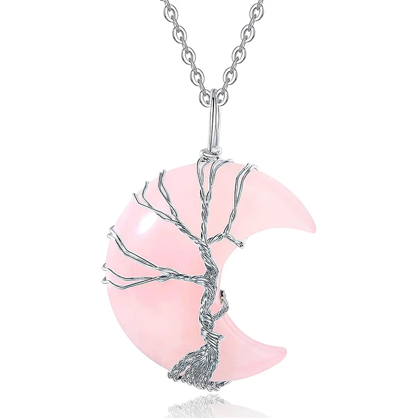 XSM Reiki Healing Natural Crystal Rose Quartz Water Drop Pendant Tree of Life Hexagon Moon Wire Wrapped Pendant Necklace Jewelry