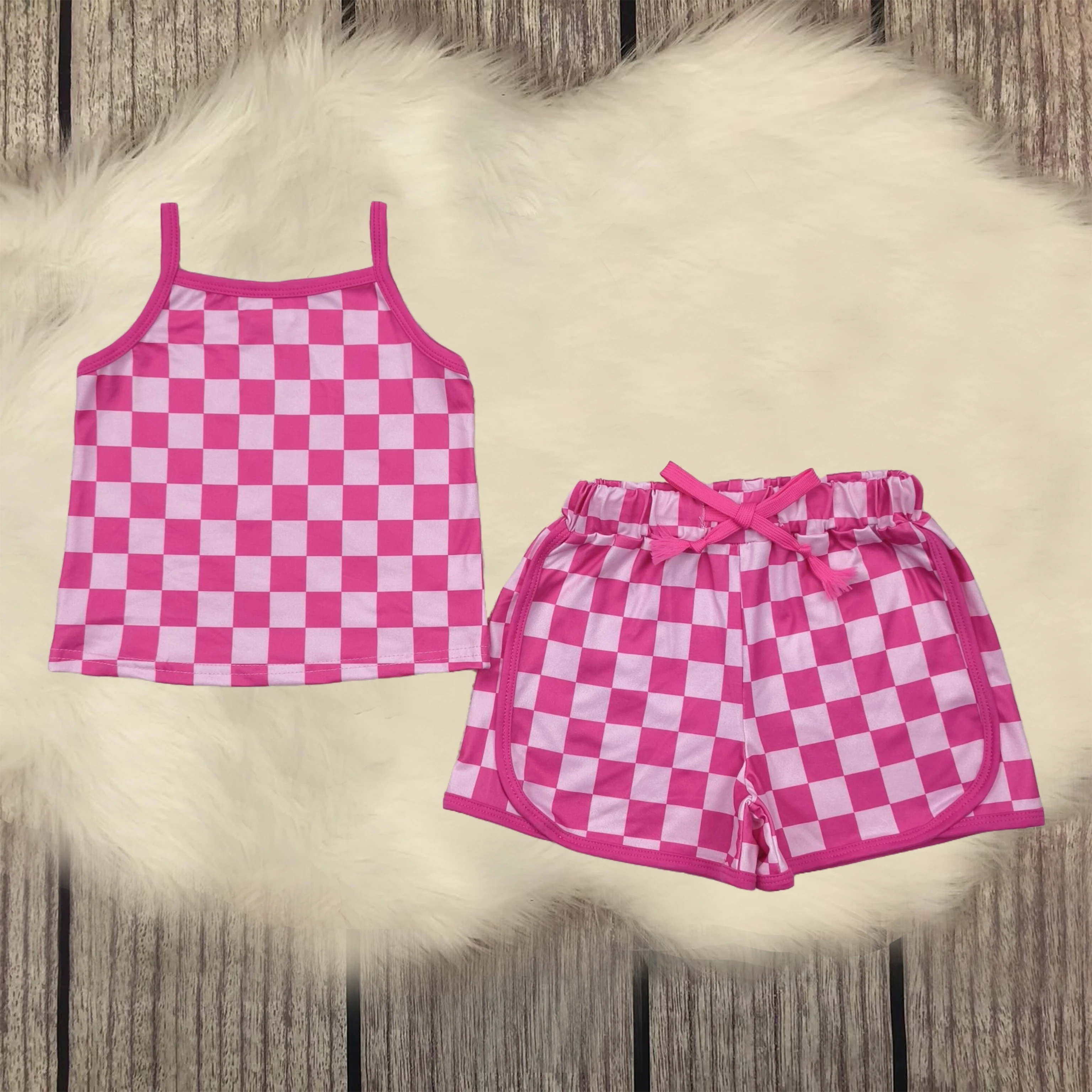 

Wholesale Children Infant Pajamas Outfit Nightclothes Baby Girl Pink Strap Plaid Shirt Sleepwear Shorts Set Sleeveless Clothing