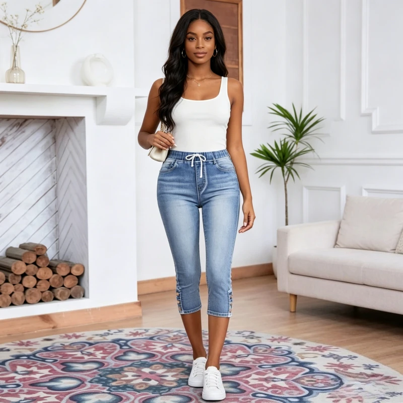 

Jeans Pencil Pants Women Streetwear Calf Length Trousers Drawstring Lace Up Stretch High Waist Pockets Washed Distressed Denims