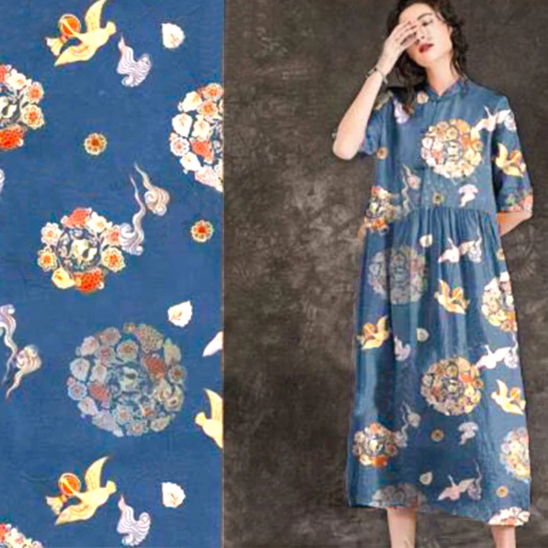 

High-quality natural 100% pure ramie linen dress with printed fabric and summer thin DIY hand sewn design