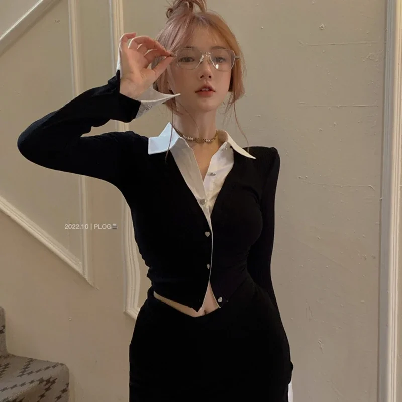 Falso due camicette per le donne tunica manica lunga top corto 2025 Blusas Mujer De Moda moda coreana sexy Y2k camicette camicie