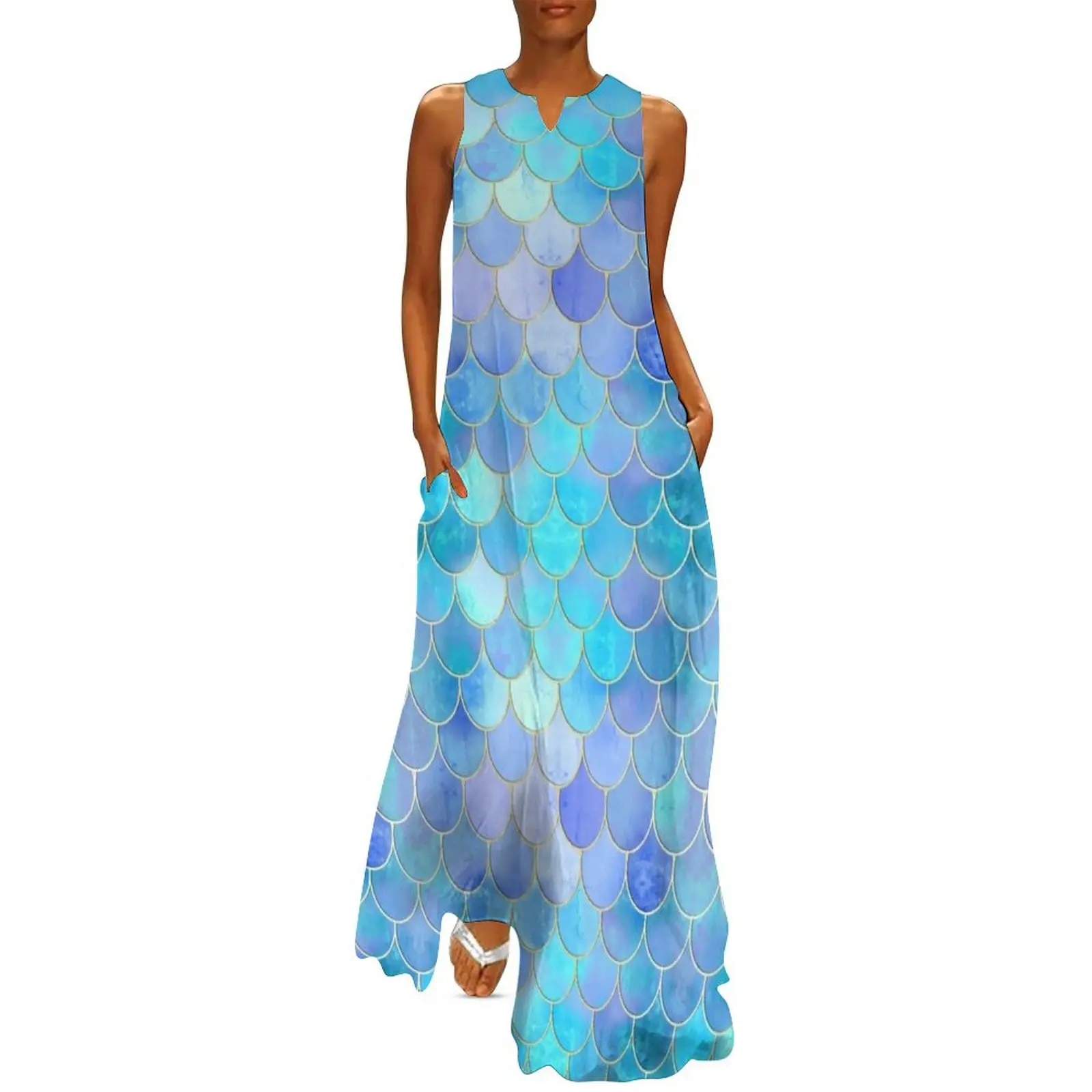 

Aqua Pearlescent & Gold Mermaid Scale Pattern Long Dress summer dress for women 2024 dress for women summer