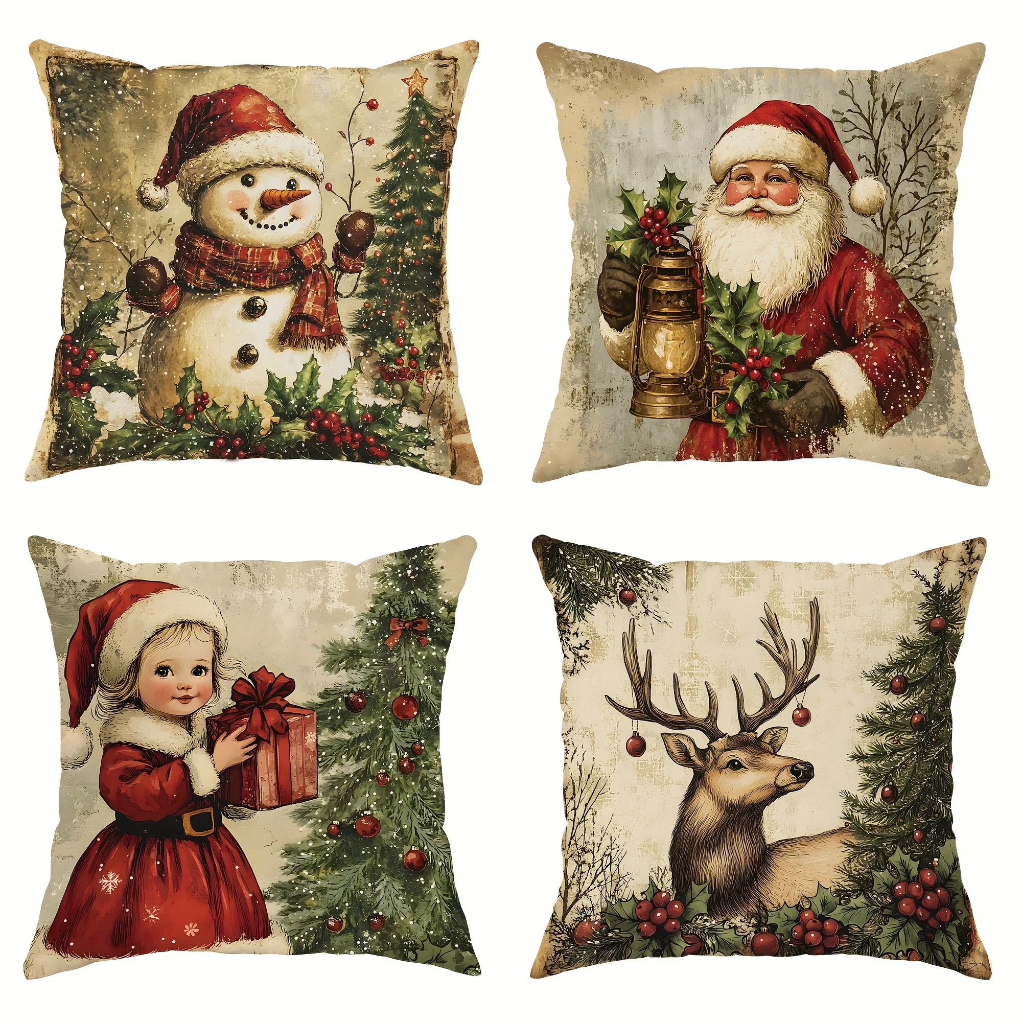 Christmas decoration pillowcase retro style fawn snowman Santa Claus little girl pattern suitable for home sofa cushion cover