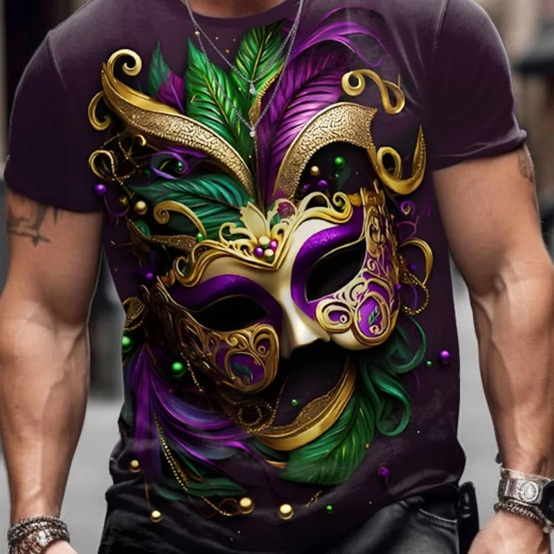 

Mysterious Mask Graphic T-Shirt For Men Brazil Carnival 3D Printed Tees Summer Round Neck Tops Oversized Short Sleeve T Shirts