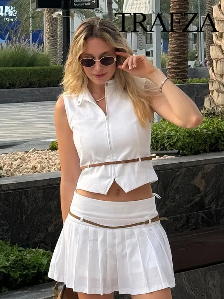 TRAFZA Women 2 Piece Set Fashion Zipper Belt Decoration Solid Sleeveless Vest Top+Vintage Slim Zipper Pleated Mini Skirt Shorts