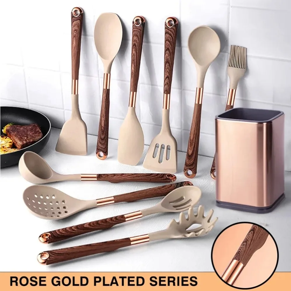 New 1-Pack Kitchen Silicone Utensils Non-Stick Cooking Tools Gold Plated Accessories Heat Resistant Ladle Slotted Spoon Spatula