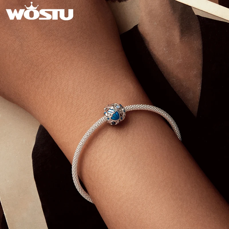 WOSTU 925 Sterling Silver Blue Ocean World Charm Iris Murano Beads Stopper Fit for Women Original Bracelet Romantic DIY Gift