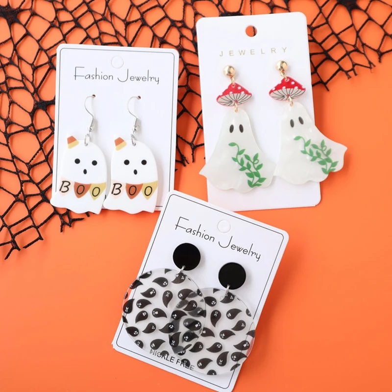 2024 Cute Cartoon Mushroom Ghost Halloween Earrings For Women Hallowmas One Eyed Evil BOO Guillotine Skull Acrylic Drop Earring