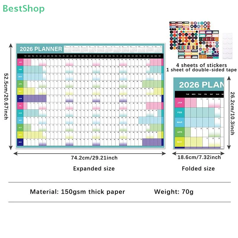 2026 Yearly Wall Calendar Poster With Stickers Large Planning Schedule Home Office Organization Time Management Tool Schedule