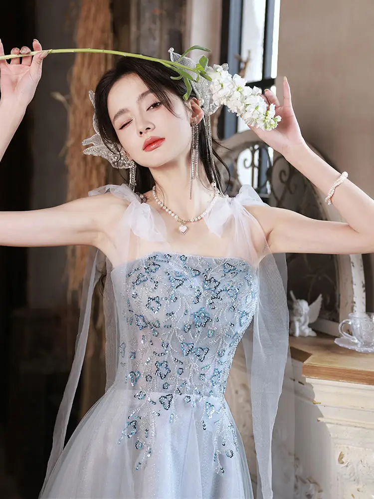 

Blue Fashion Women Evening Dresses A-Line Sequins Spaghetti Straps Formal Prom Party Gowns Vestido De Noche robe soirée femme