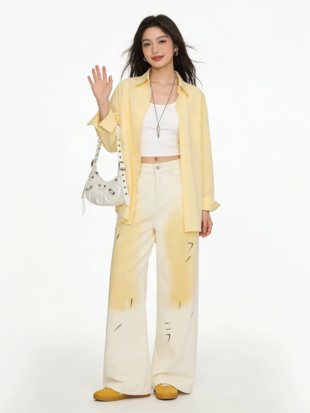 

Chic Korean Sle Soft Waed Printed adient Wide Leg Jeans High Waist Slimming Long Pants Versatile Early Spring New Arrival
