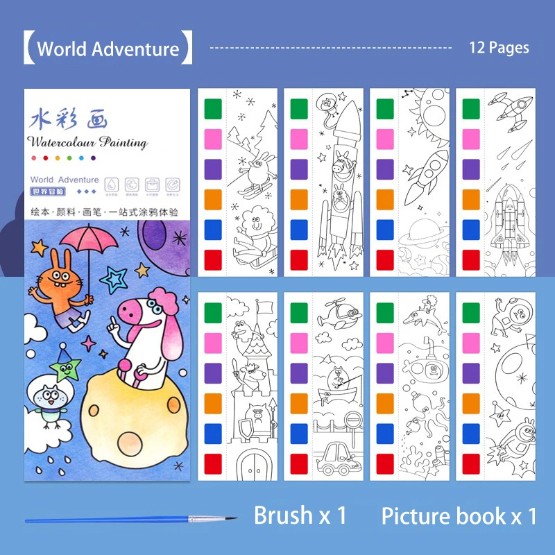 12 Sheets Coloring Book Portable Watercolor Painting Book With Paint Brush Kids Graffiti Picture Drawing Stationery