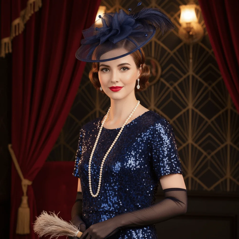 

Exquisite Mesh Feather Headband Pearl Sweet Vintage Fascinator Hat Headpiece Hair Band 1920s Hair Accessories Photography