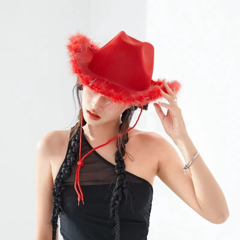 Classic Vintage Pink Feather Western Cowboy Hat for Women Solid Color Furry Trim Wide Brim Hat Female Cap Dating Party