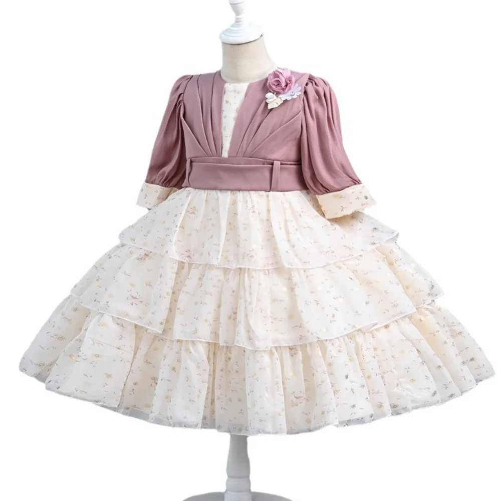 Spring and Autumn New Patchwork Sticker Chiffon Mid Sleeved Dress Children\'s Day School Stage Drama Performance Dress