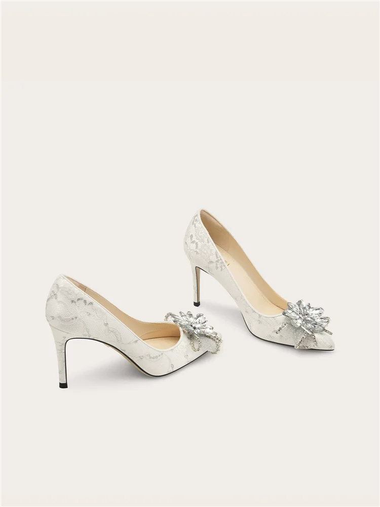 Spring pointed shallow mouth lace mesh bow crystal wedding shoes banquet large size small size slim high-heeled women's shoes