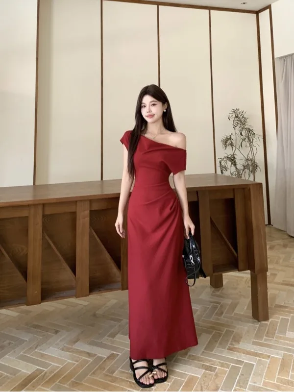 

plus Size Red Short Sleeve Dress Slimming Waist High Waist A-Line Long Skirt Korean Style Commute Folded Hem Polyester Fiber
