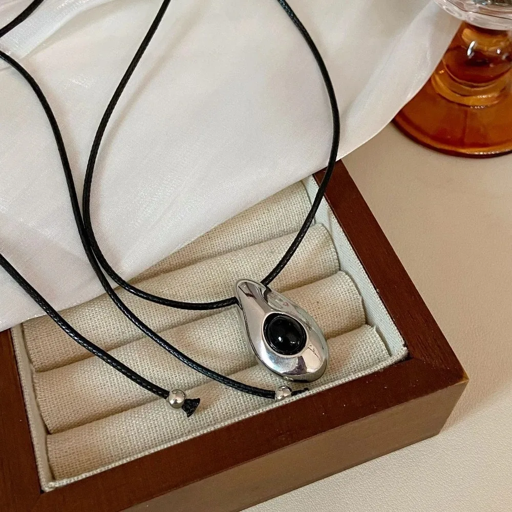 New Stainless Steel Charm Necklace Long Length Water Drop Shape Leather Rope Necklace Leather Rope Pendant Necklace