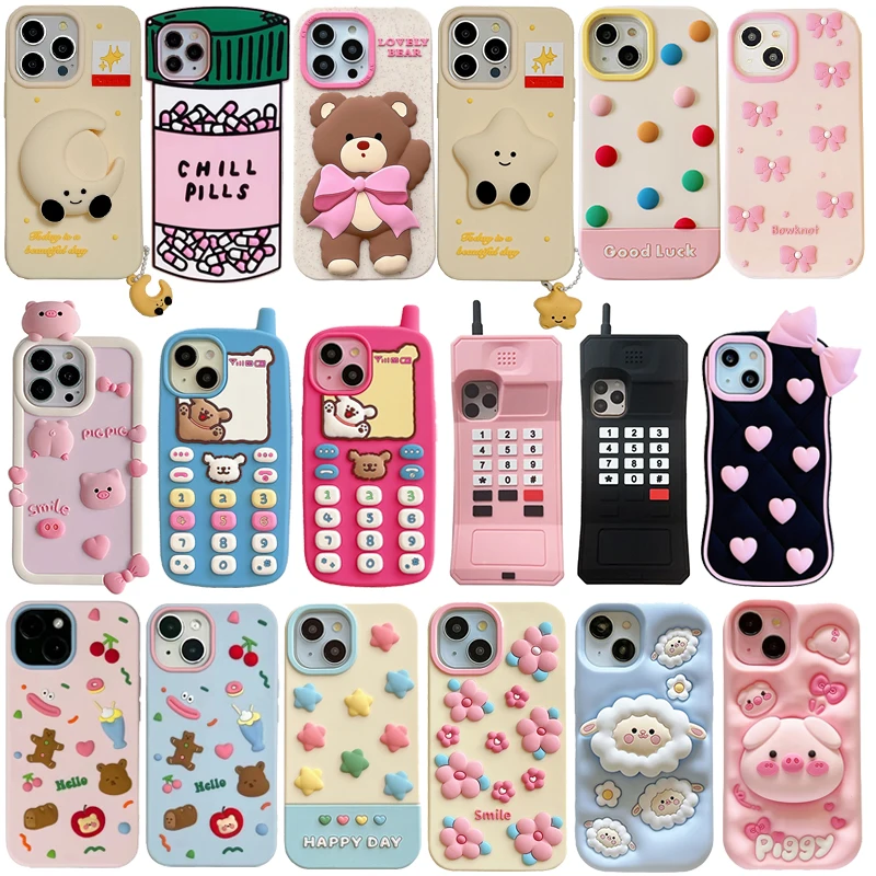 

For iPhone 16 Pro Max case 3D Cartoon Cute Animal Silicone Cover For iPhone 15 14 13 Pro Max 15pro 14p phone Case Fundas Coque