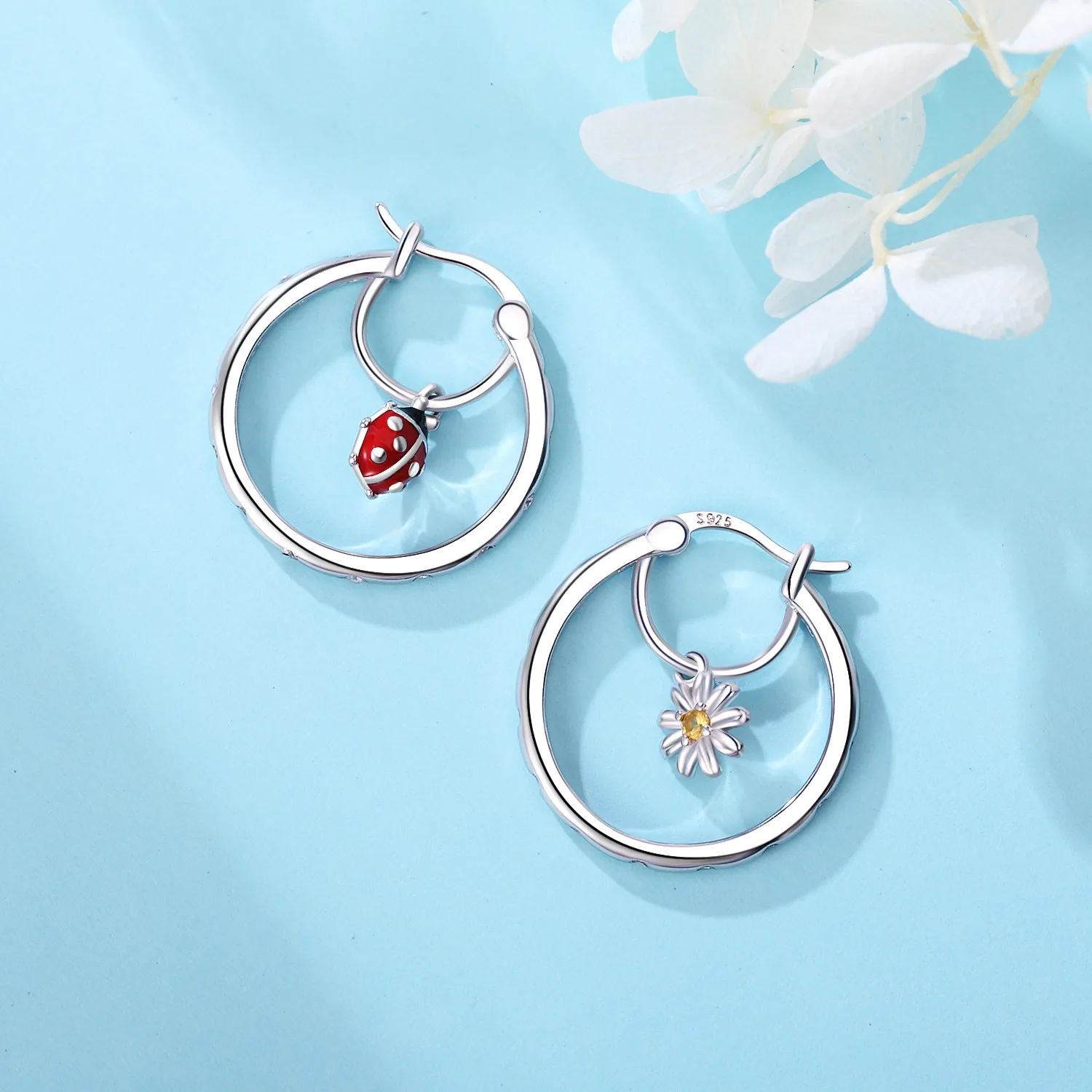 Original Silver Plated Earrings White Dragonfly Ladybug Daisy  Hoop for Women's Earrings Anniversary Jewelry Delicate Fine Gift