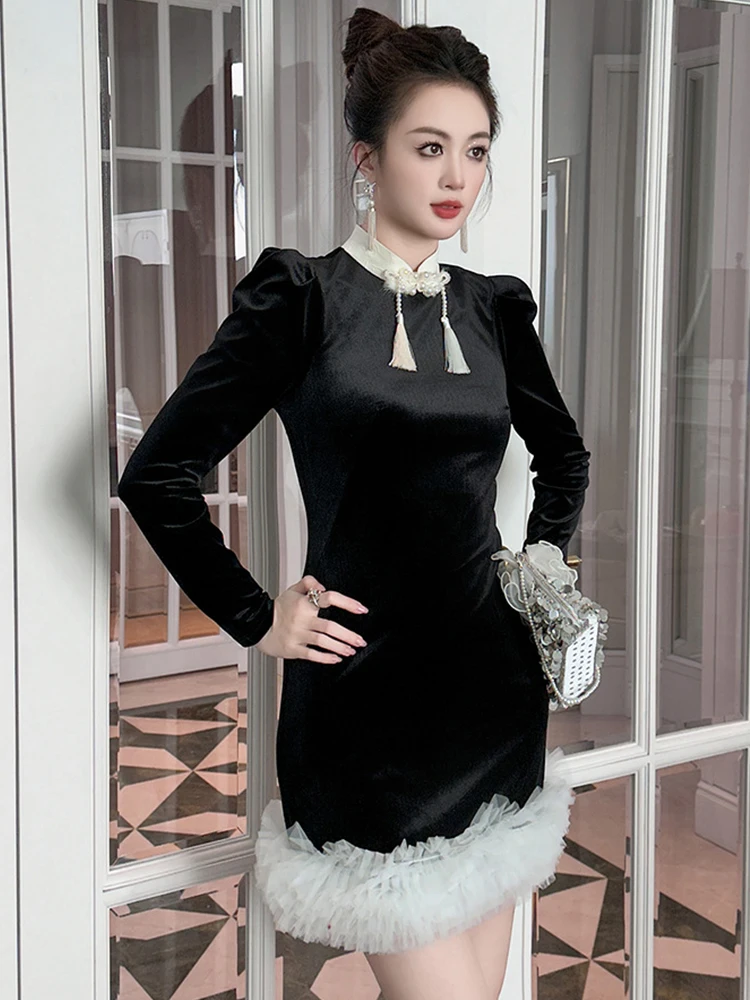 Sweet Cheongsam Dress Women's Qipao Clothes Cute Chic Tassel Pearl Long Sleeve Bodycon Ruffles Short Gown Party Banquet Vestidos