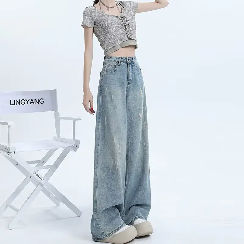 Light Blue Washed Wide-leg Jeans for Women Spring and Autumn 2026 New Style with Hole Design Suitable for Petite Girls Straight
