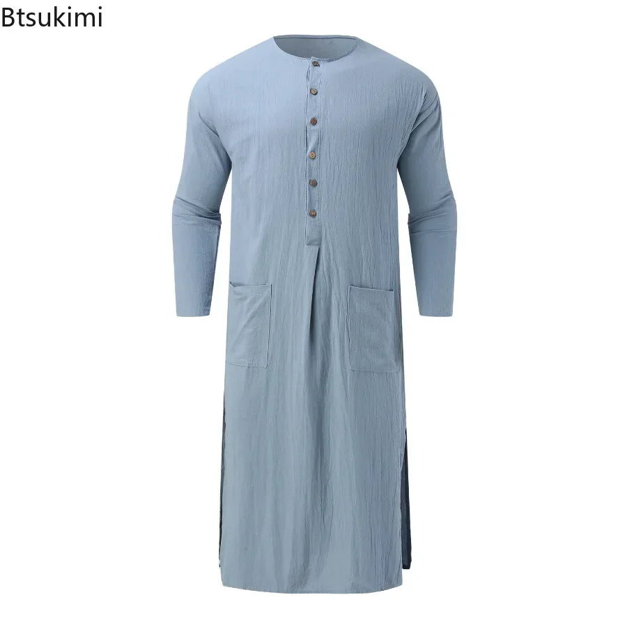 Nuevo 2025 bata musulmana de manga larga para hombres musulmán Jubba Thobe caftán informal con cierre de botón Color sólido hendidura ropa árabe para hombre