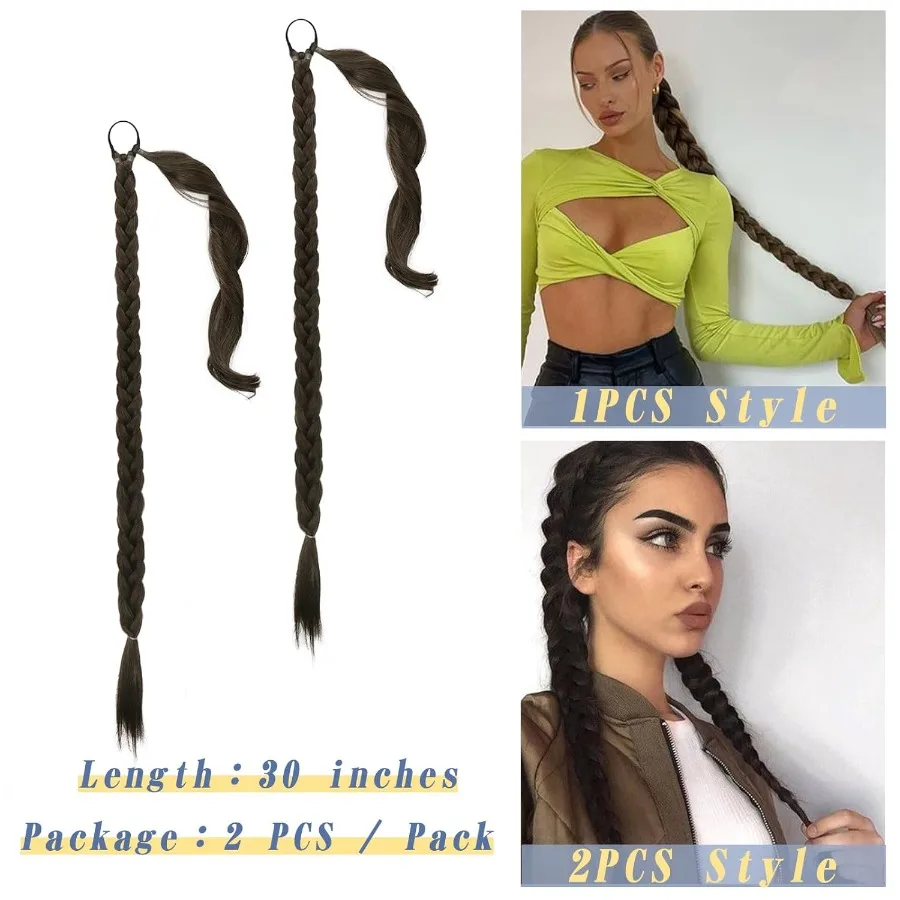 2 قطعة 30 بوصة طويلة مضفر ذيل حصان تمديد للنساء أنيق التفاف حول البني جديلة وصلات شعر مع الشعر التعادل الاصطناعية Po