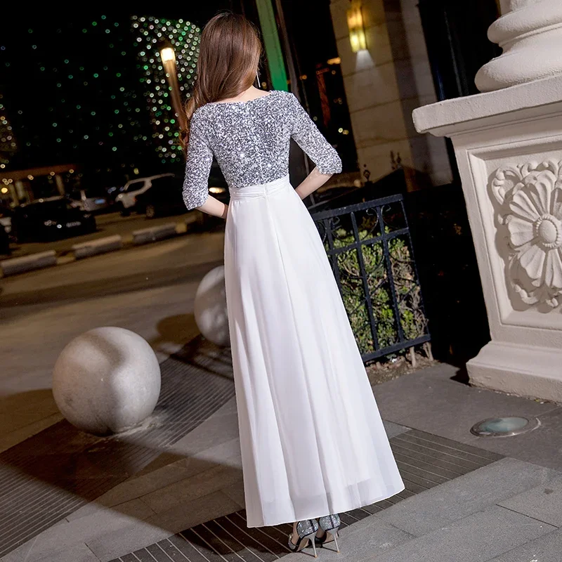 It's Yiiya Evening Dress White O-neck Silver Sequins Chiffon Short Sleeves Formal Gowns Half Sleeve robe de soiree Plus size