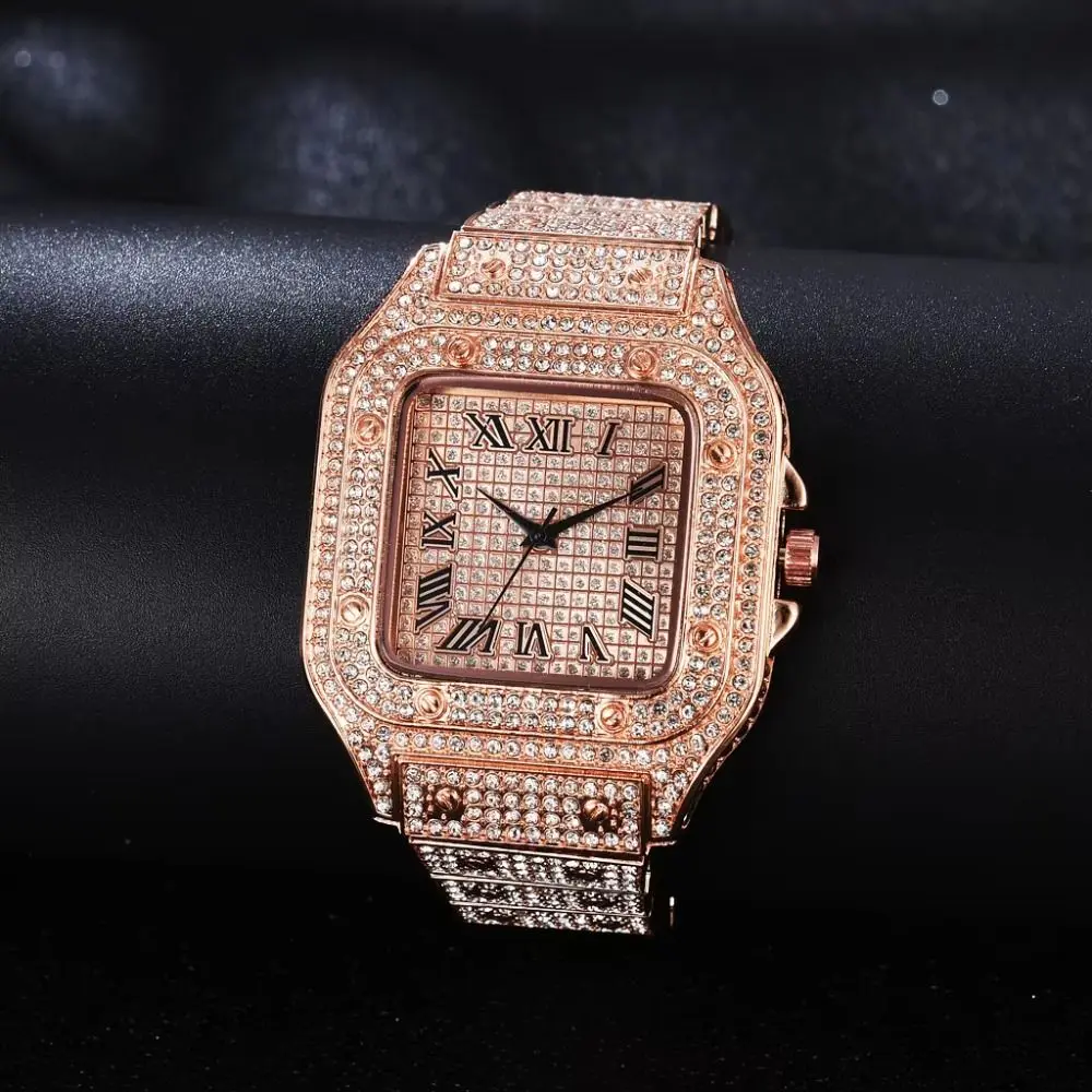 Waterproof Classic Luxury Business Watch Square Roman Scale Quartz Wristwatch Rhinestone Steel Strap Men Watch Jewelry Watch