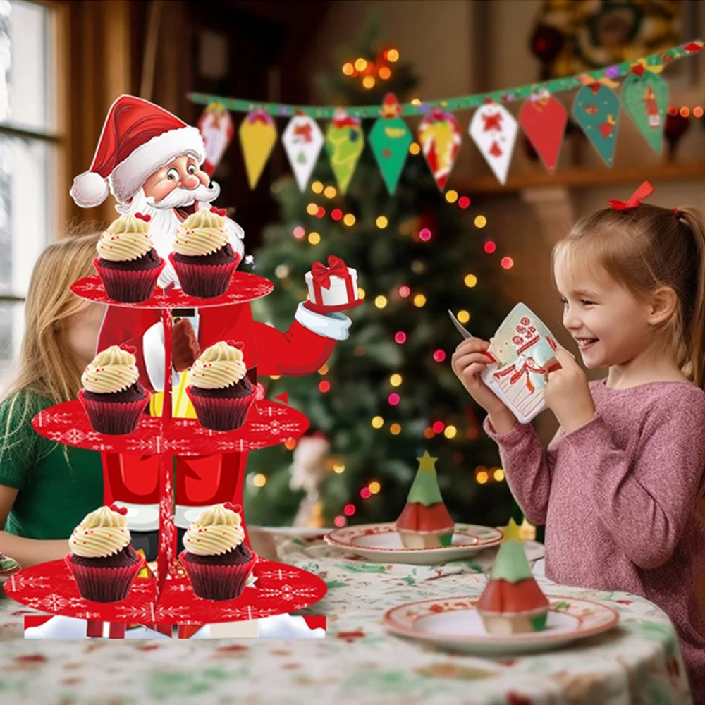 Soporte para cupcakes navideños de Papá Noel de 3 capas, torre de postre de cartón de Feliz Navidad utilizada para fiestas navideñas de invierno