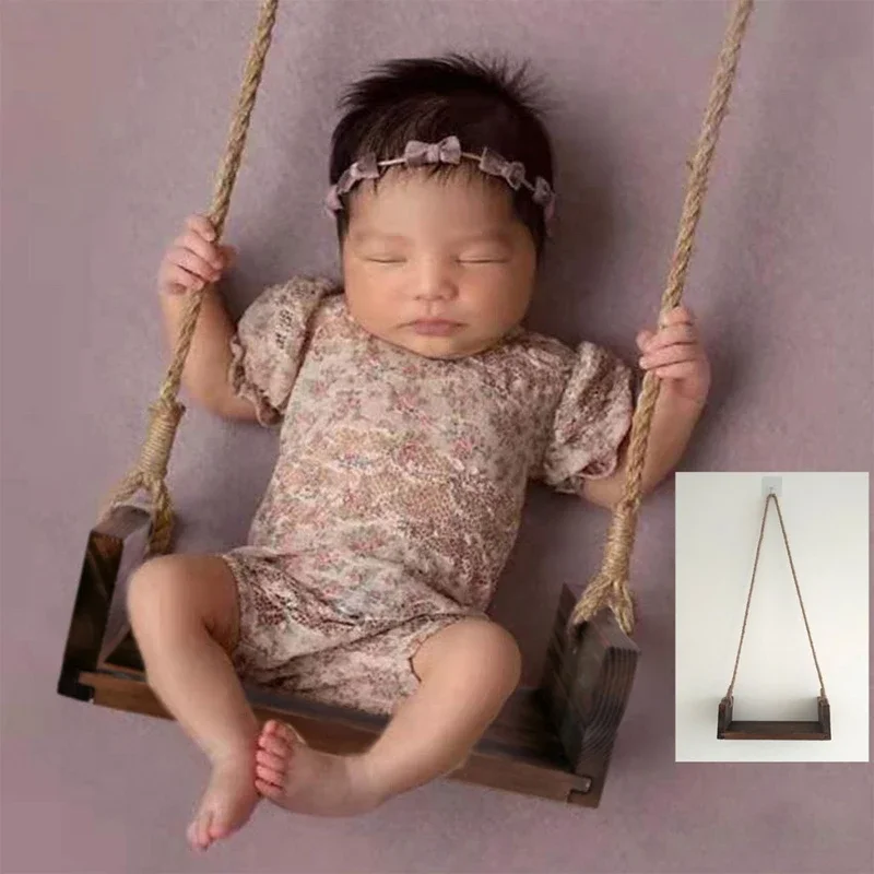 

Newborn Photography Props Wooden Swing with Flower Vine Baby Photo Swing Sets First Photo Props